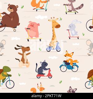 Animals riders pattern. Animals skating on bikes and scooters on road exact vector seamless background Stock Vector