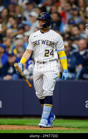 MILWAUKEE, WI - JUNE 08: Milwaukee Brewers catcher William Contreras (24)  bats during an MLB game against the Baltimore Orioles on June 08, 2023 at  American Family Field in Milwaukee, Wisconsin. (Photo