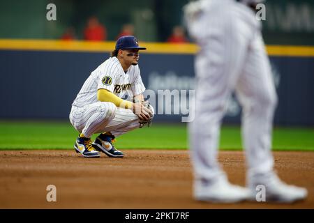 April 8, 2023: Milwaukee Brewers shortstop Willy Adames (27) waits during the game between the Milwaukee Brewers and the St. Louis Cardinals at American Family Field on April 8, 2023 in Milwaukee, WI. Darren Lee/CSM Stock Photo