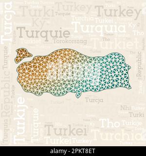 TURKEY map design. Country names in different languages and map shape with geometric low poly triangles. Modern vector illustration of Turkey. Stock Vector