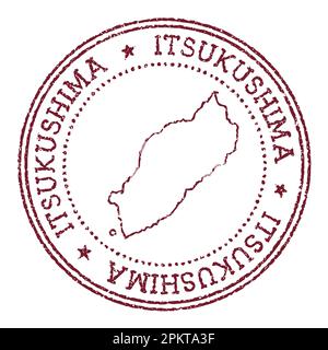 Itsukushima round rubber stamp with island map. Vintage red passport stamp with circular text and stars, vector illustration. Stock Vector