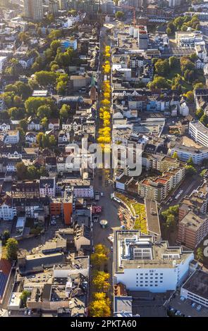 Aerial view, pedestrian zone Bahnhofstraße in autumn colors with the Stadtgalerie and Neue Höfe at Robert Brauner Platz in the district Herne-Mitte in Stock Photo