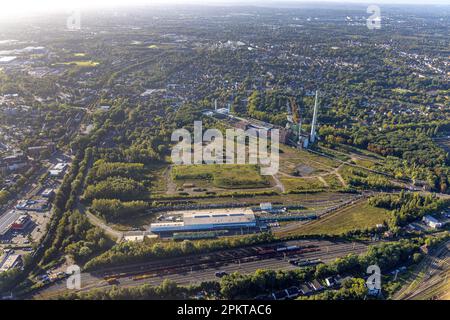 Aerial view, brownfield site of the former General Blumenthal mine with Stadler Rail Service and Shamrock power plant in the Wanne district of Herne, Stock Photo