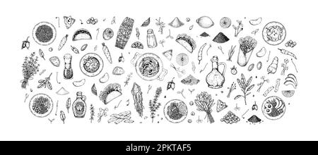 Big set of food, vegetables and greens. Hand drawn vector illustration in sketch style Stock Vector