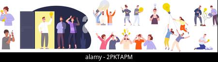 Team finding ideas. Work company brainstorming process, advisory group share brilliant idea and find probleme solution, inspire person lighting bulb, vector illustration of company team with lightbulb Stock Vector