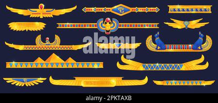 Egyptian game borders. Egypt gui dividers, ancient filigree divider with gold wings or metal decoration ui elements for pharaoh treasure games menu, vector illustration of game ornament mythology Stock Vector