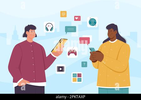 Online communication apps vector illustration. Cartoon users holding phones, people using applications for messages in social media chat and email, creative multimedia and digital games technology Stock Vector