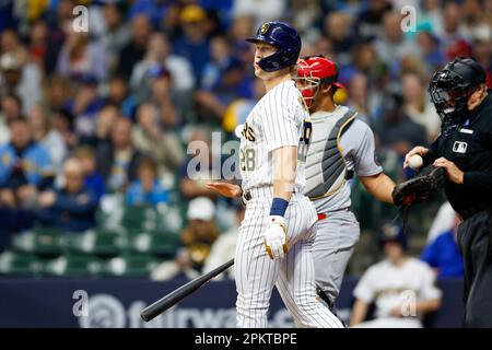 April 8, 2023: St. Louis Cardinals center fielder Tyler O'Neill (27) hits a  ball in play during the game between the Milwaukee Brewers and the St.  Louis Cardinals at American Family Field