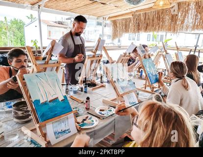 Turkey Marmaris 01.04.2023 Painting masterclass. Art party in