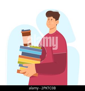 Student carrying stack of books and paper cup of coffee vector illustration. Cartoon isolated young man holding textbooks to read and study, preparation for exams in college or university of guy Stock Vector