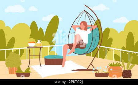 Happy relax of woman on rooftop terrace vector illustration. Cartoon young character sitting in comfortable chair to enjoy green summer city view and fresh open air at weekend, drink lemonade Stock Vector