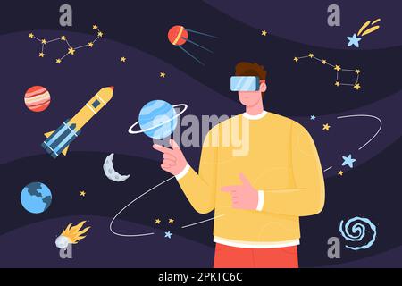 VR digital technology to study universe vector illustration. Cartoon man in virtual reality glasses studying in metaverse, learning solar system planets, galaxy constellation with interactive hologram Stock Vector