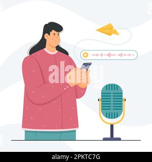 Girl recording voice message with mobile app vector illustration. Cartoon young woman holding phone, female character talking and speaking to smartphone and microphone to record sound with gadget Stock Vector