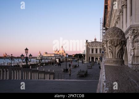 View of the Riva degli Schiavoni, a monumental waterfront in Venice. It is located in the sestiere of Castello and extends along the San Marco basin Stock Photo