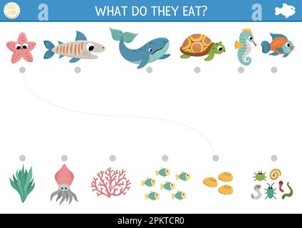 Under the sea matching activity with cute fish and food. Water puzzle with whale, turtle, seahorse, shark. Match the objects game. Feed the animals pr Stock Vector