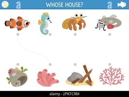 Under the sea matching activity with cute fish and houses. Water puzzle with clownfish, seahorse, hermit crab, catfish. Match the objects game. Printa Stock Vector