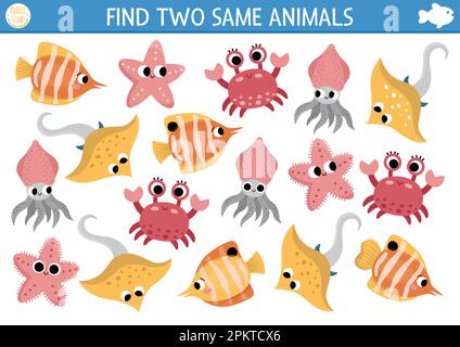 Find two same water animals. Under the sea matching activity for children. Ocean life educational quiz worksheet for kids for attention skills. Simple Stock Vector