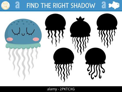 Under the sea shadow matching activity. Ocean puzzle with cute jellyfish. Find correct silhouette printable worksheet or game. Water animal page for k Stock Vector