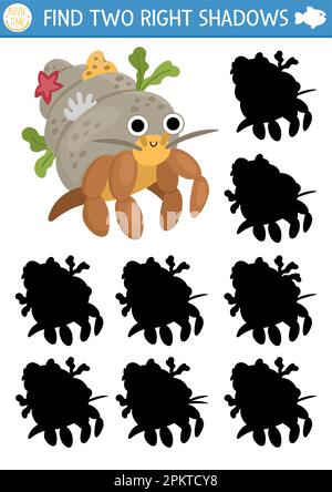 Under the sea shadow matching activity. Ocean puzzle with cute jellyfish. Find correct silhouette printable worksheet or game. Water animal page for k Stock Vector