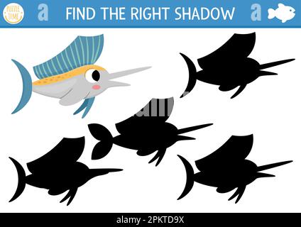 Under the sea shadow matching activity. Ocean puzzle with cute sailfish. Find correct silhouette printable worksheet or game. Water animal page for ki Stock Vector