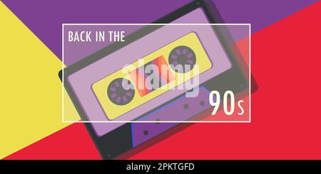 Retro audio cassette on a colored background. Back to the 90s concept Stock Vector