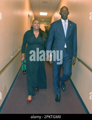 Miramar, USA. 06th Apr, 2023. MIRAMAR, FL - APRIL 06: City of Miramar Mayor Wayne M. Messam and wife Angela Messam (L) Attend the swearing-in ceremony for elected official at Miramar Cultural Center on April 06, 2023 in Miramar, Florida. (Photo by JL/Sipa USA) Credit: Sipa USA/Alamy Live News Stock Photo