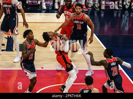 Washington, USA. 09th Apr, 2023. WASHINGTON, DC - APRIL 09: Houston Rockets guard Jalen Green (4) bends back trying for a rebound during a NBA game between the Washington Wizards and the Houston Rockets, on April 09, 2023, at Capital One Arena, in Washington, DC. (Photo by Tony Quinn/SipaUSA) Credit: Sipa USA/Alamy Live News Stock Photo