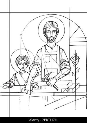 Hand drawn vector illustration or drawing of Saint Joseph and Jesus Stock Vector