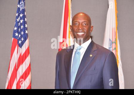 Miramar, USA. 06th Apr, 2023. MIRAMAR, FL - APRIL 06: City of Miramar Mayor Wayne M. Messam poses for portrait after the swearing-in ceremony for elected official at Miramar Cultural Center on April 06, 2023 in Miramar, Florida. (Photo by JL/Sipa USA) Credit: Sipa USA/Alamy Live News Stock Photo