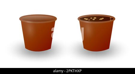 Two flower pots isolated on a white background. Flowerpot for growing indoor plants. The pot is empty and filled with earth closeup. Vector illustrati Stock Vector