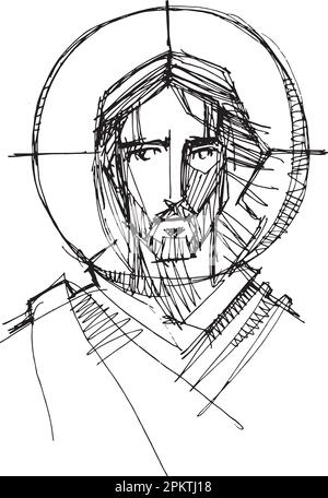 Hand drawn vector illustration or drawing of Christ face Stock Vector