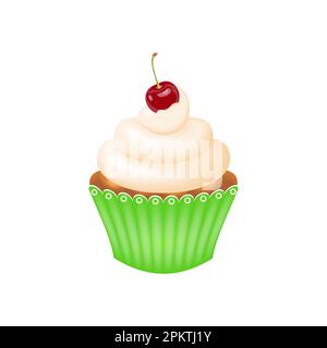Cake with cherry on top. Delicious cupcake with whipped cream and cherry, packaged in a green corrugated paper cup, on a white background. Vector illu Stock Vector