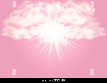 Background with rays and clouds. Pink background with clouds, sun with glowing sunbeams, flare, light and place for text. Vivid rays emanating from a Stock Vector