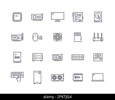 Computer components outline set Stock Vector