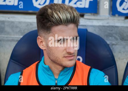 Robert Navarro of Real Sociedad in action during the La Liga Santander match between Real Sociedad and Getafe CF at Reale Arena Stadium on April 8, 20 Stock Photo