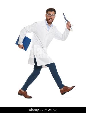 Doctor with stethoscope and clipboard running on white background Stock Photo