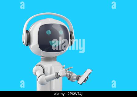 Friendly cartoon style chat robot with mobile phone. 3d illustration. Stock Photo