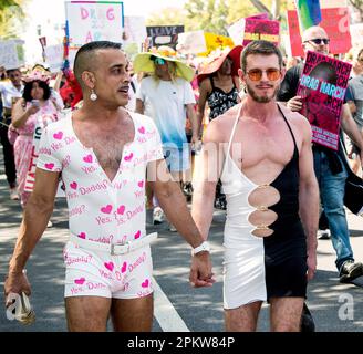 West Hollywood, California, U.S.A. 09th Apr, 2023. The Los Angeles LGBT Center hosts the all-ages Drag March LA in a show of defiance against the tidal wave of more than 400 pieces of anti-LGBTQ  legislation proposed or already enacted by Republican-controlled state legislatures.(Credit Image: © Brian Cahn/ZUMA Press Wire) EDITORIAL USAGE ONLY! Not for Commercial USAGE! Credit: ZUMA Press, Inc./Alamy Live News Stock Photo