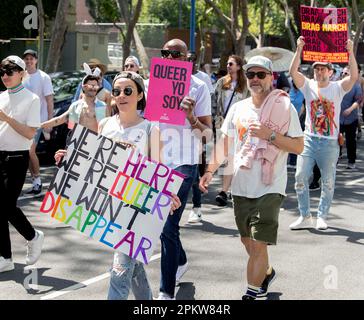 West Hollywood, California, U.S.A. 09th Apr, 2023. The Los Angeles LGBT Center hosts the all-ages Drag March LA in a show of defiance against the tidal wave of more than 400 pieces of anti-LGBTQ  legislation proposed or already enacted by Republican-controlled state legislatures.(Credit Image: © Brian Cahn/ZUMA Press Wire) EDITORIAL USAGE ONLY! Not for Commercial USAGE! Credit: ZUMA Press, Inc./Alamy Live News Stock Photo