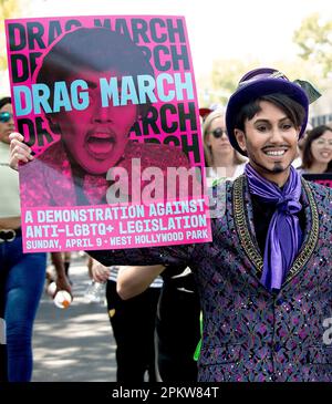 West Hollywood, California, U.S.A. 09th Apr, 2023. The Los Angeles LGBT Center hosts the all-ages Drag March LA in a show of defiance against the tidal wave of more than 400 pieces of anti-LGBTQ  legislation proposed or already enacted by Republican-controlled state legislatures.(Credit Image: © Brian Cahn/ZUMA Press Wire) EDITORIAL USAGE ONLY! Not for Commercial USAGE! Credit: ZUMA Press, Inc./Alamy Live News Stock Photo