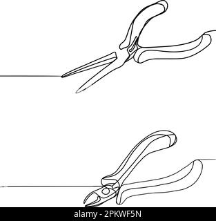 Pliers for craftsmen. Tools on a black and white background. Pliers, articulated tool. Hand tools for different types of material. One line drawing. Clamping and gripping with a rubbing tools. Stock Vector