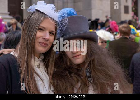 New York, United States. 09th Apr, 2023. Women in 19th century clothing seen during the Easter Parade and Bonnet Festival 2023 outside St. Patrick's Cathedral along Fifth Avenue on Easter Sunday in New York City. Credit: SOPA Images Limited/Alamy Live News Stock Photo