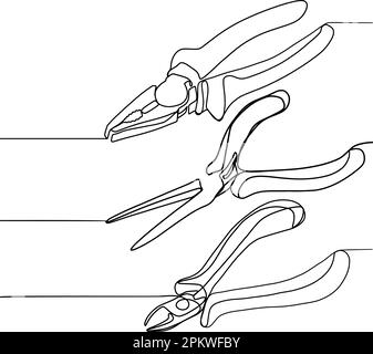 Pliers for craftsmen. Tools on a black and white background. Pliers, articulated tool. Hand tools for different types of material. One line drawing. Clamping and gripping with a rubbing tools. Stock Vector