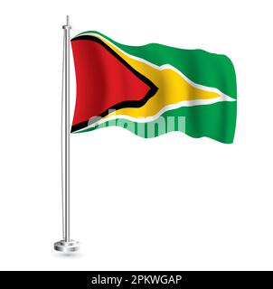 Guyana Flag. Isolated Realistic Wave Flag of Guyana Country on Flagpole. Vector Illustration. Stock Vector