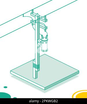 Isometric Electric Pole Supporting High Voltage Power Line. Electric Transformer on Pylon. Vector Illustration. Outline Concept Isolated on White Back Stock Vector