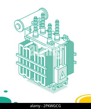 Electric Substation Transformer. Isometric Outline Object. Vector Illustration. Green Color. Stock Vector