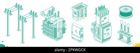 Isometric Electrical Transformer Set. Outline Energy Objects. Vector Illustration. High-Voltage Power Substation Isolated on White. Stock Vector