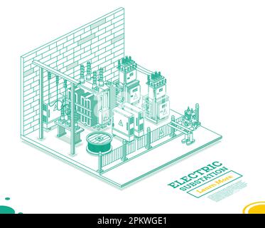 Isometric Energy Substation Interior. Electric Transformer. Outline Concept. Vector Illustration. Green Color. Part of Distribution Chain. High-Voltag Stock Vector