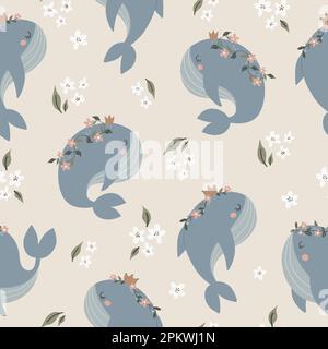 Vector hand-drawn colored childish seamless repeating simple doodle pattern with whales in scandinavian style. Stock Vector