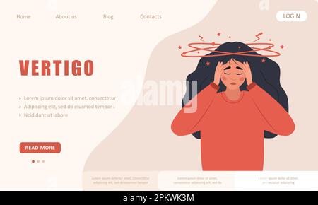 Vertigo concept. Landing page template. Sad woman with dizziness. Unhappy girl suffers from headache. Lack of iron in immune system. Vector Stock Vector